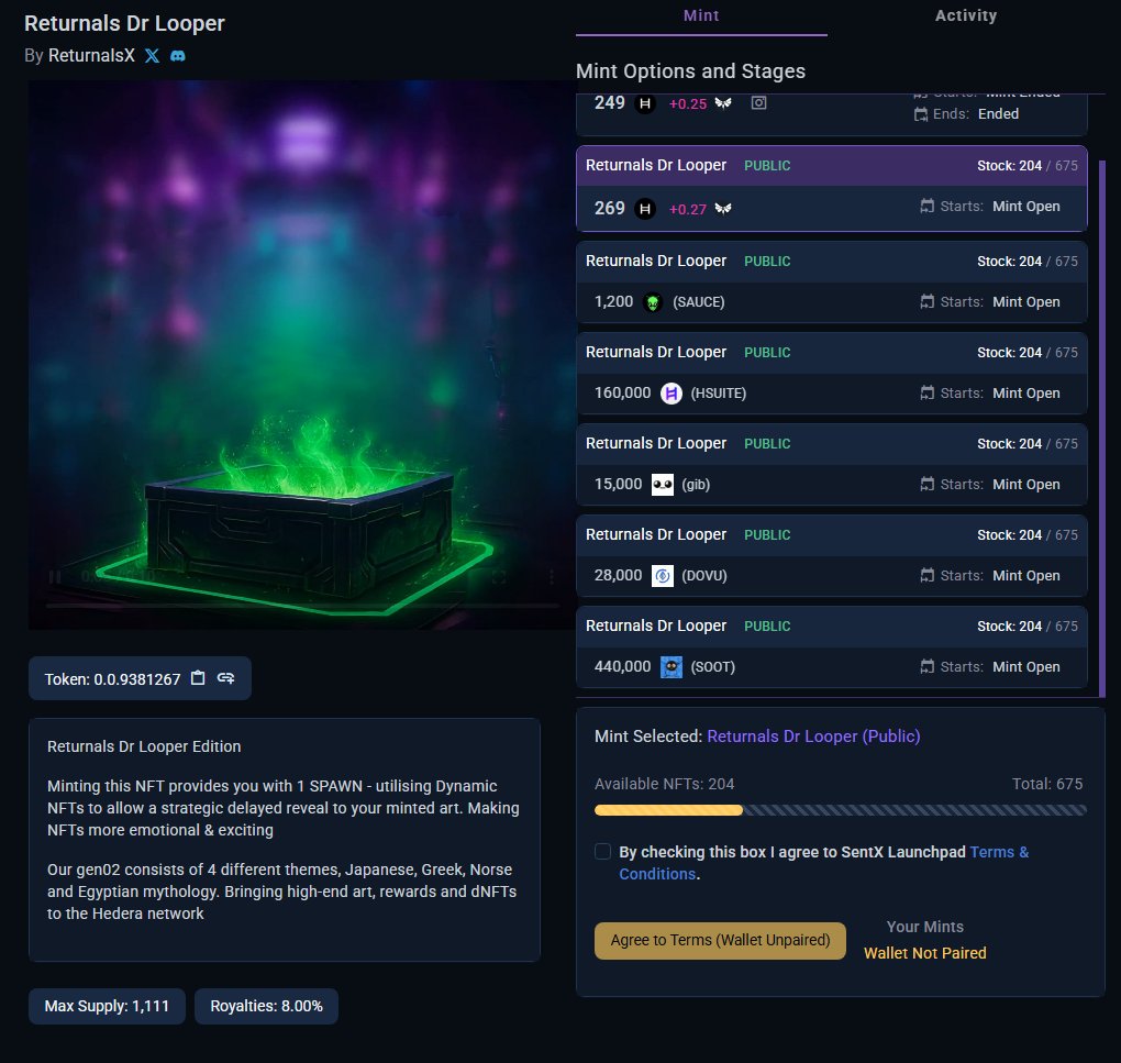 SentX_io's tweet image. 🚀 @ReturnalsX Mint is now Live 💫
4 Mythologies • Dynamic reveals • Weekly airdrops
Mint with your favorite HTS tokens ⬇️
$HBAR
$SOOT @HBARSoot
$GIB @gib_plz
$SAUCE @SaucerSwapLabs
$HSUITE @HbarSuite
$DOVU @dovuofficial
🌌 sentx.io/launchpad/retu…