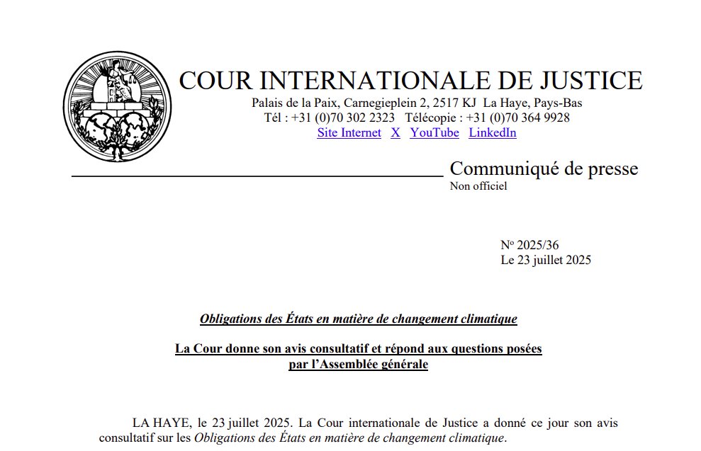 COMMUNIQUÉ : la #CIJ a rendu ce jour son avis consultatif sur les Obligations des États en matière de changement climatique.

go.icj-cij.org/4kMz9DT