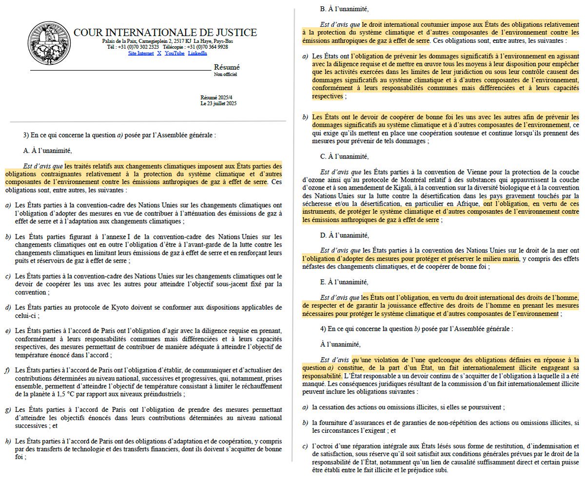 Important : La Cour internationale de justice (<a href="/CIJ_ICJ/">CIJ_ICJ</a>) rend un avis historique sur les obligations étatiques face au réchauffement climatique.

Le droit international (des traités &amp; coutumier) oblige les Etats à agir pour protéger « le système climatique » &amp; l'environnement.