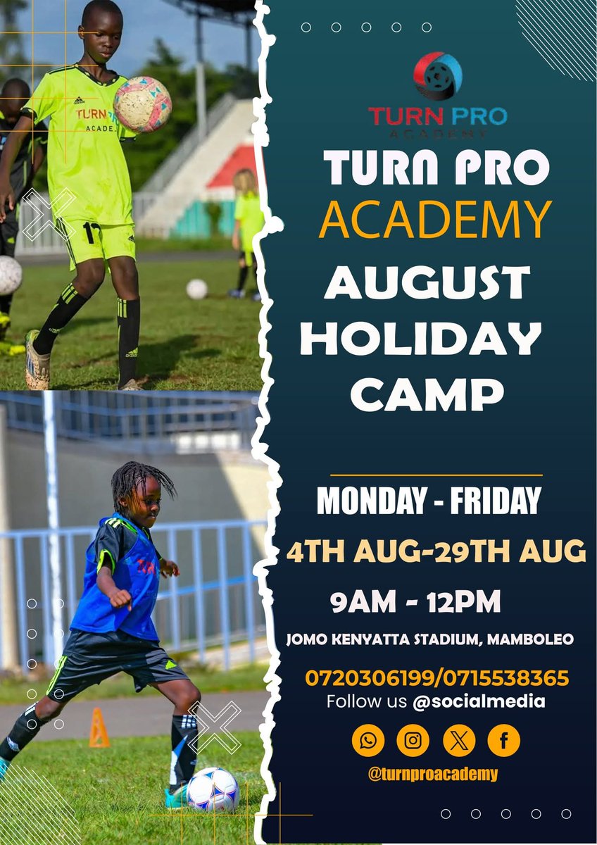 Your kids have been dribbling in the living room &amp; scoring on your sofa.
🚨 TURN PRO AUGUST HOLIDAY CAMP
📍 Jomo Kenyatta Stadium, Mamboleo
📅 4–29 Aug | 🕘 9AM–12PM

Mini-Messis &amp; tiny Ter Stegens welcome!
No boredom. No screens. Just goals, giggles &amp; glory! 

📞 0720306199