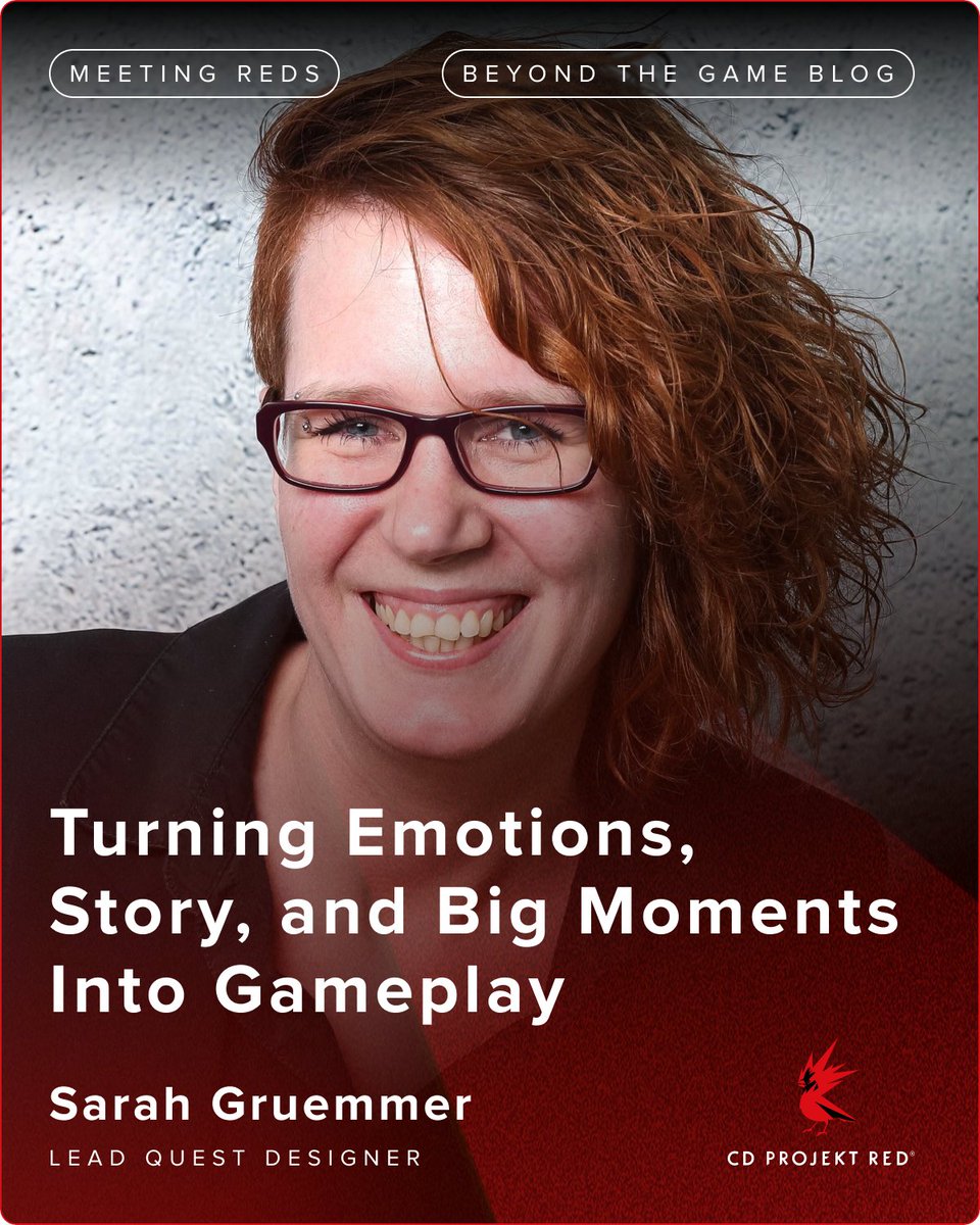 CDPROJEKTRED's tweet image. Lead Quest Designer Sarah Gruemmer, with over 12 years at CD PROJEKT RED, knows how to turn emotions, story, and big moments into actual gameplay.
In the latest Meeting REDs, Sarah shares her journey from modding games at home to leading a quest design team working on Cyberpunk…