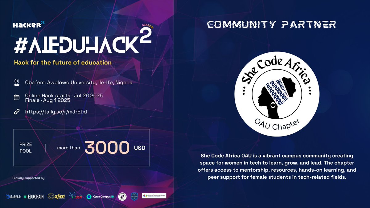 hackerxafrica's tweet image. HackerX 🤝 @SCAOAU 

We’re glad to partner with She Code Africa OAU, a space where women in tech learn, lead, and build.

Catch them at AI EduHack 2025.

#AIEduHack #WomenWhoBuild