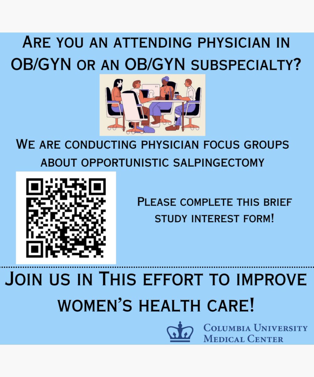 ColumbiaOBGYN's tweet image. Are you an #obgyn? Please complete our brief study interest form about opportunistic salpingectomy to reduce #ovariancancer risk. nam02.safelinks.protection.outlook.com/?url=https%3A%…