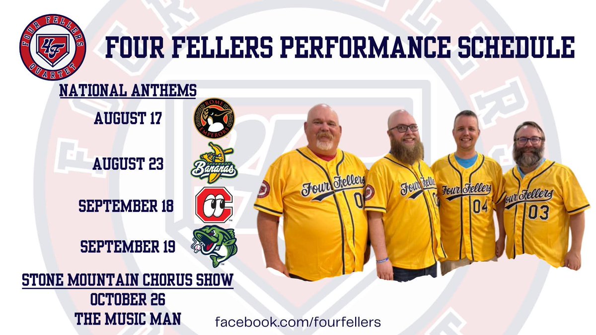 DoctorBobble's tweet image. Busy schedule this summer for the Four Fellers! We're so honored and thankful to the Emperors, Lookouts, and Stripers for having us back to sing, and we're beyond excited to add the Bananas to our schedule!
Let me know if you'll be at any of these games!!