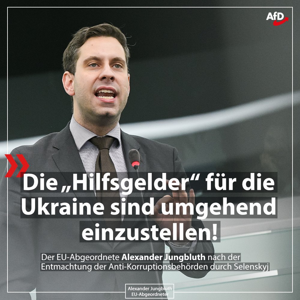AlexJungbluth's tweet image. #Selenskyj hat gestern ein Gesetz unterschrieben, das die Unabhängigkeit beider nationaler Antikorruptionsbehörden beendete. Ich fordere Bundeskanzler Merz und die EU dazu auf, die Hilfszahlungen an die Ukraine umgehend einzustellen!