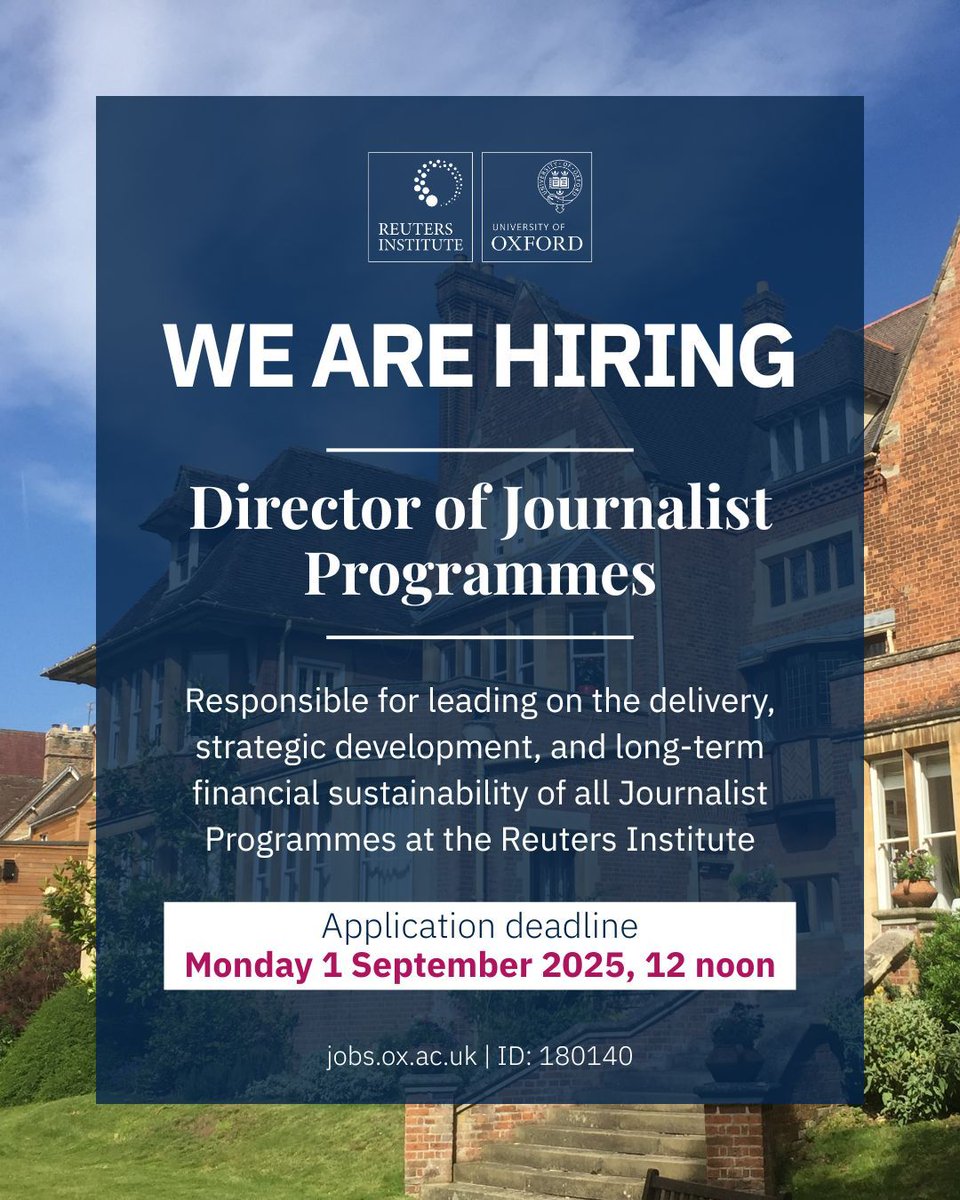 risj_oxford's tweet image. 📌We are looking for a new Director of Journalist Programmes.
The successful candidate will lead on delivery, strategic development, and long-term financial sustainability of all RISJ Journalist Programmes.
Apply by Mon 1 Sept, noon (UK)
More details: buff.ly/FTCNDd1