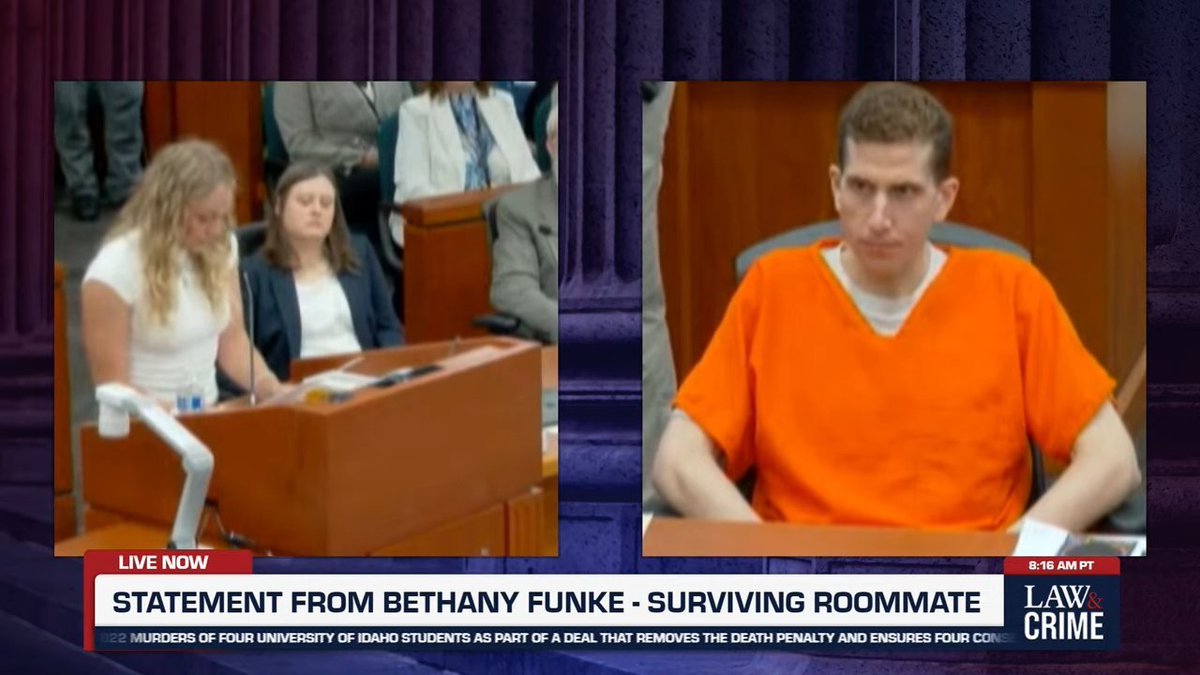 cathyrusson's tweet image. Surviving roommate Bethany Funke's victim impact statement was read. She said she didn't know what happened and would have called 911 immediately if she had. She talked about how cruel social media was about her. She said, "Why did I get to live and not them?" #BryanKohberger