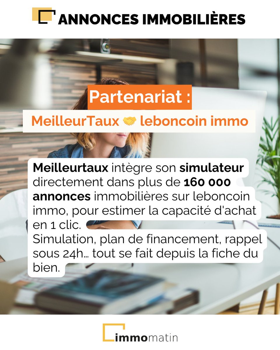 IMMOMATIN's tweet image. 🤝#IMMOBILIER | @Meilleurtauxcomet et @leboncoin s'allient pour intégrer un simulateur dans plus de 160 000 annonces immobilières.
"TOUS LES DÉTAILS" 👉 bit.ly/4kUb9yY
#partenariat #immobilier #leboncoin #meilleurtaux #annonces