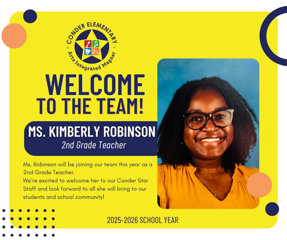 ConderStars's tweet image. We’re thrilled to introduce Ms. Robinson as part of our Conder Star Staff!

Drop a ⭐️ in the comments to help us give her a warm Conder welcome!

@RichlandTwo