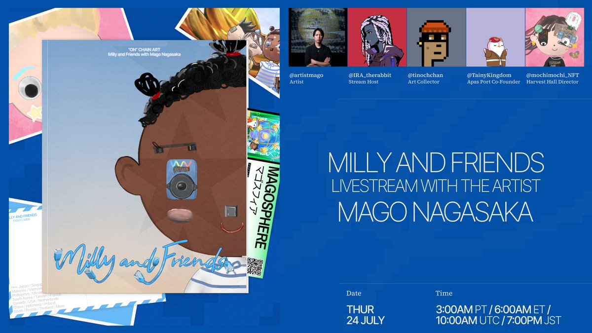 Mago Nagasaka, who is behind Milly and Friends, is joining us on stream for the very first time.

Join the live hosted by <a href="/IRA_therabbit/">IRA⛩️</a> on <a href="/AbstractChain/">Abstract</a> alongside art collector <a href="/tinochchan/">𝚃𝙲 💫</a>✳️

📅 July 24th 7pm JST
📍Abstract Stream

We will explore:
・Mago Nagasaka art
・the