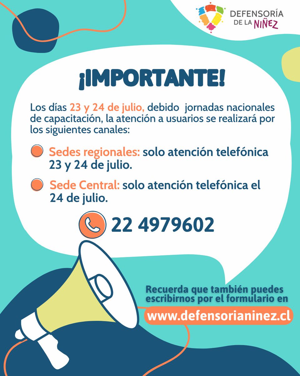 defensorianinez's tweet image. ⚠️¡Atención! Este miércoles 23 y jueves 24 de julio, la Defensoría de la Niñez ajustará su modalidad de atención a público, debido a la realización de jornadas de capacitación a nivel nacional.   

Revisa aquí el detalle: