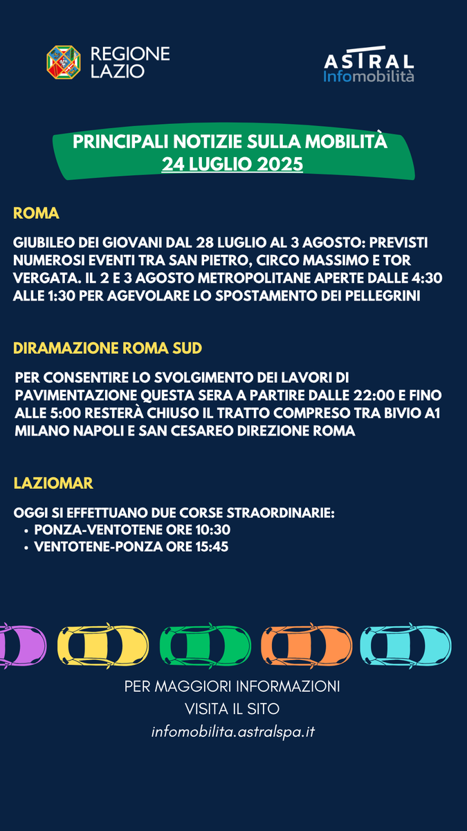 Regione Lazio (@regionelazio) on Twitter photo 🚘 <a href="/astralmobilita/">Astral Infomobilità</a> Le principali notizie sulla mobilità di oggi #24luglio
Qui tutti i dettagli tinyurl.com/3dxu4jaj 🚘 <a href="/astralmobilita/">Astral Infomobilità</a> Le principali notizie sulla mobilità di oggi #24luglio
Qui tutti i dettagli tinyurl.com/3dxu4jaj