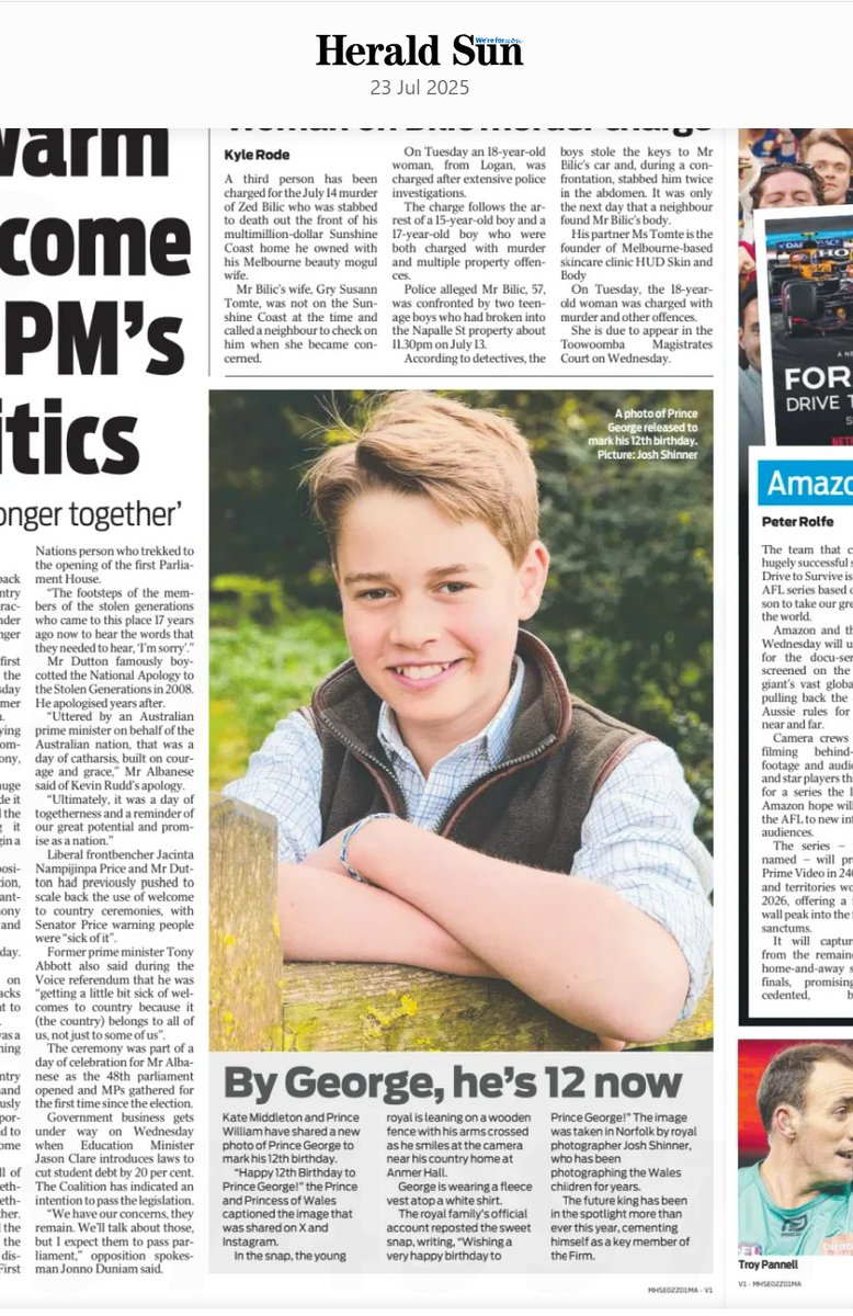 IanLloydRoyal's tweet image. Coverage of #PrinceGeorge&apos;s 12th birthday and his new portrait appears in some overseas newspapers. Left to Right - #Australia, #Austria &amp;amp; #Poland.                          #RoyalFamily
