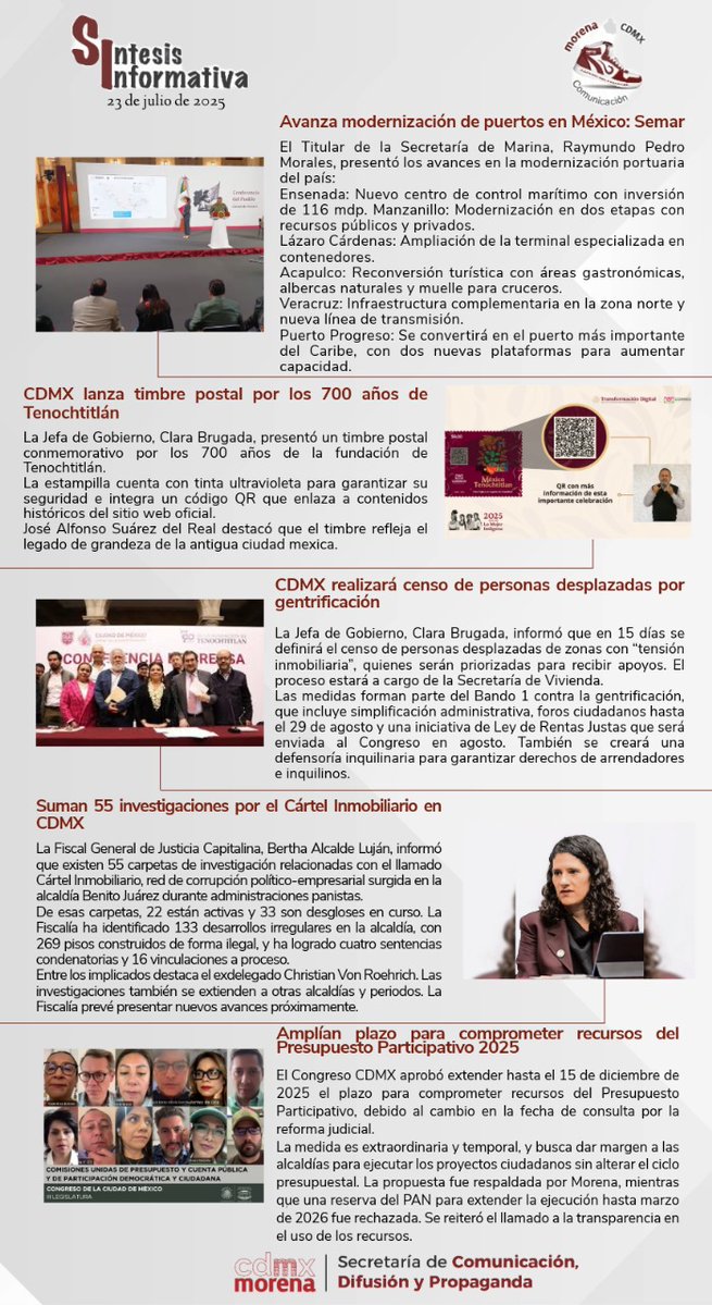 SRIACOMUMORENA's tweet image. 📌 Síntesis 23 julio 2025
🔹 Avanza modernización de puertos
🔹 Timbre por 700 años de Tenochtitlán
🔹 Censo por gentrificación en CDMX
🔹 55 investigaciones por Cártel Inmobiliario
🔹 Amplían plazo del PresupuestoParticipativo2025