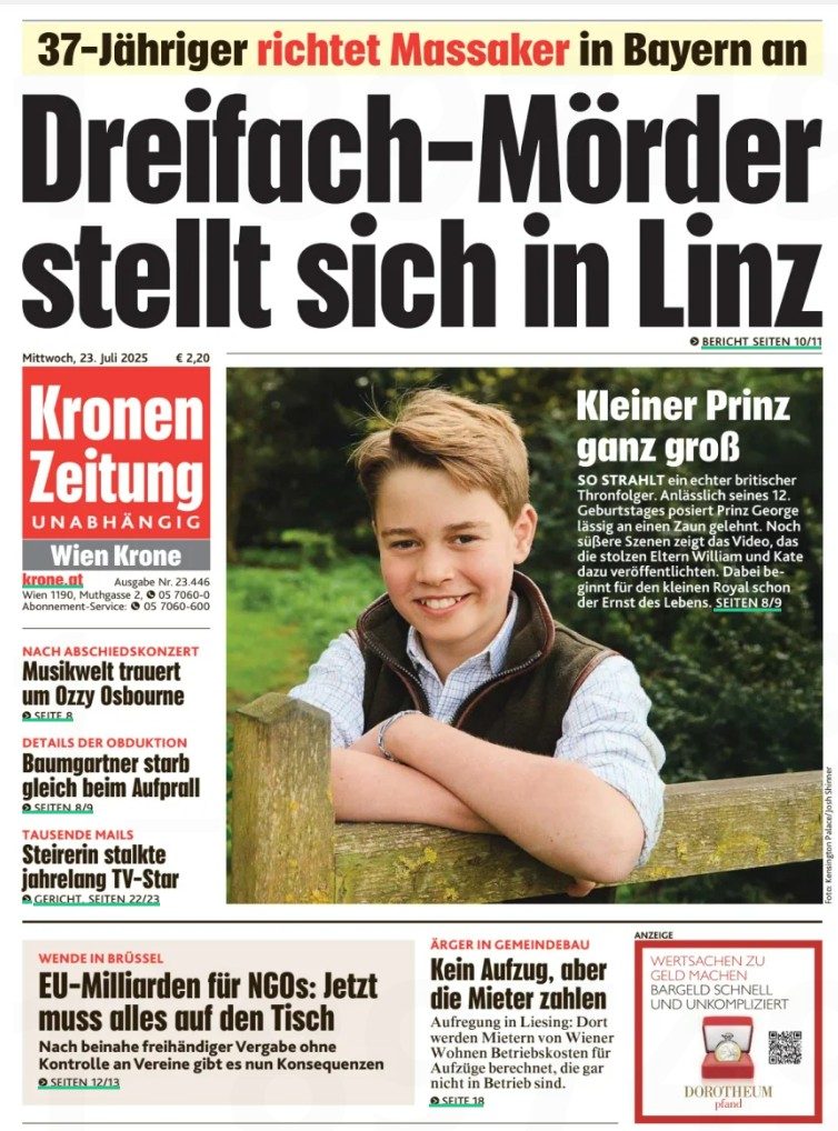 IanLloydRoyal's tweet image. Coverage of #PrinceGeorge&apos;s 12th birthday and his new portrait appears in some overseas newspapers. Left to Right - #Australia, #Austria &amp;amp; #Poland.                          #RoyalFamily