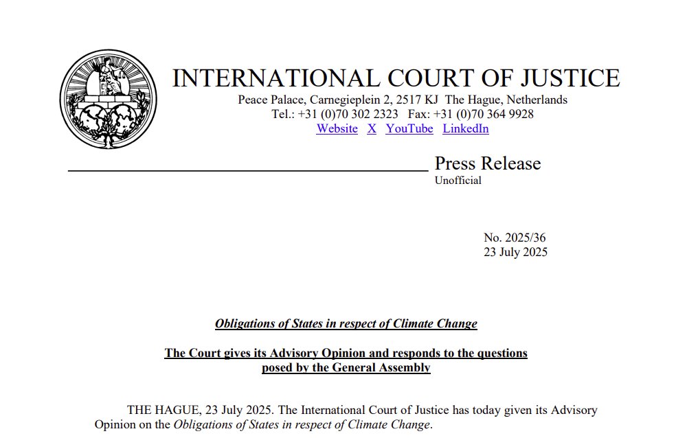 PRESS RELEASE: The #ICJ today delivered its Advisory Opinion on the Obligations of States in respect of Climate Change.

go.icj-cij.org/46VA1mk