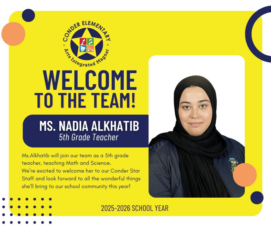 ConderStars's tweet image. We’re thrilled to introduce Ms. Alkhatib as part of our Conder Star Staff!

Drop a ⭐️ in the comments to help us give her a warm Conder welcome!

@richlandtwo