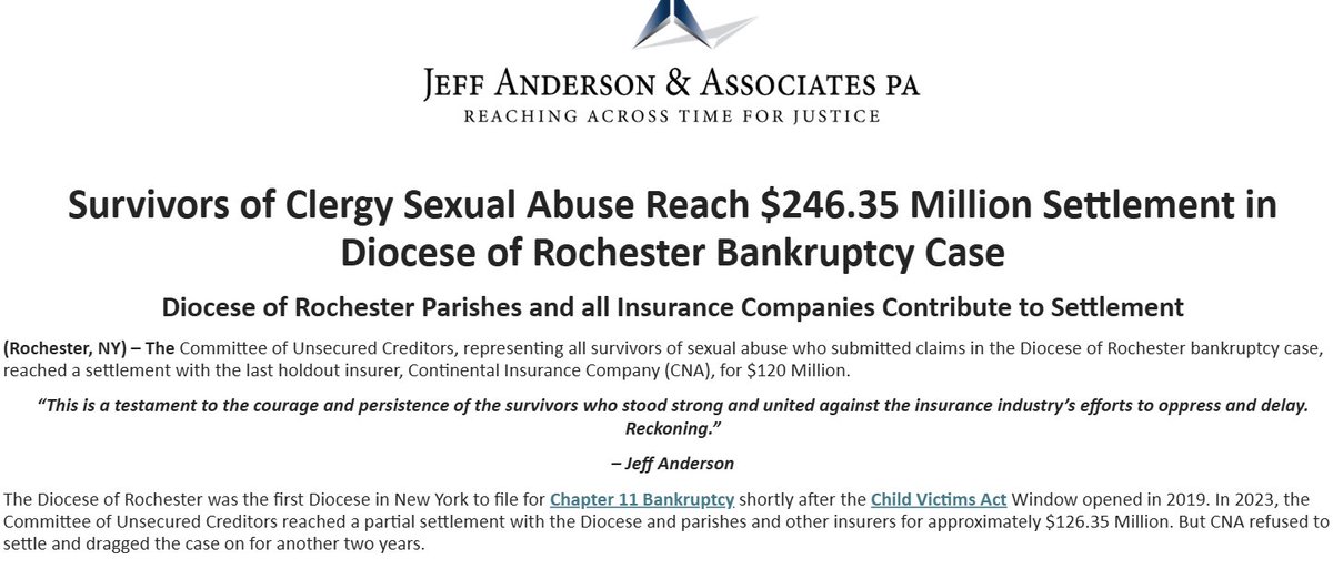 gcraig1's tweet image. A settlement in Diocese of Rochester bankruptcy. The insurers all finally onboard: