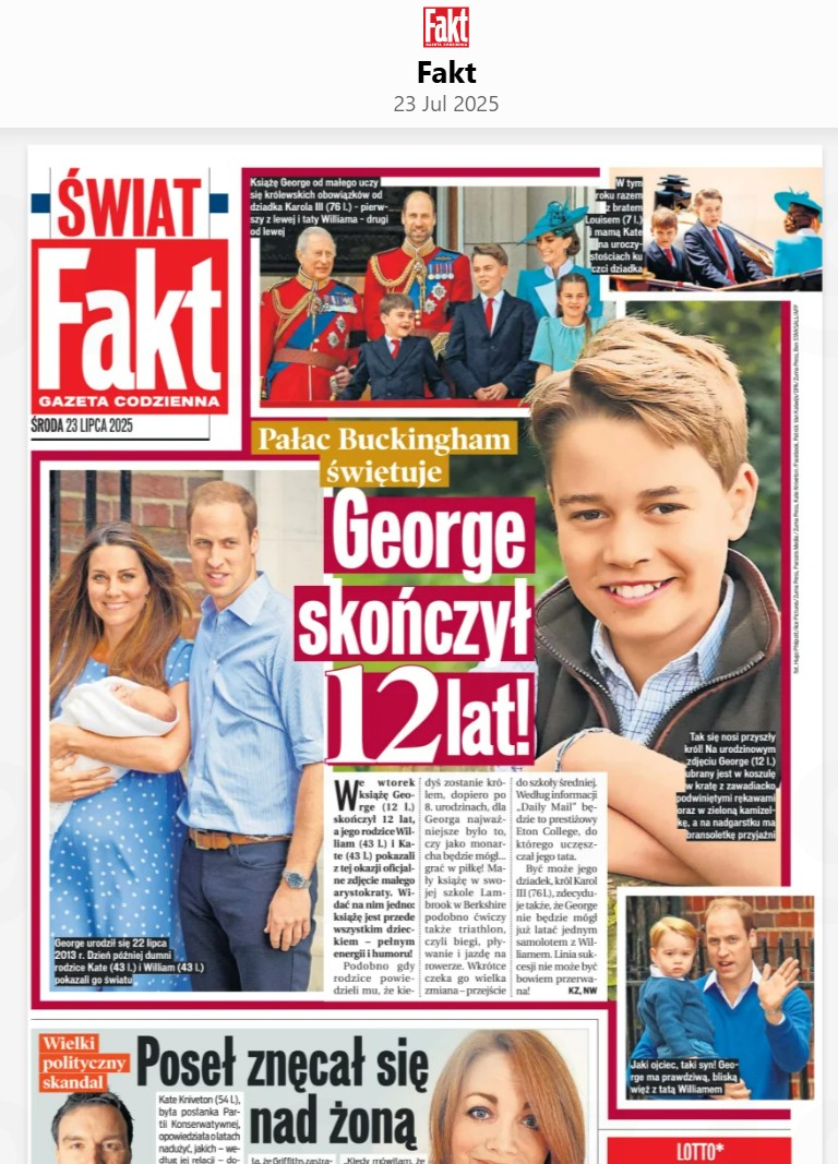 IanLloydRoyal's tweet image. Coverage of #PrinceGeorge&apos;s 12th birthday and his new portrait appears in some overseas newspapers. Left to Right - #Australia, #Austria &amp;amp; #Poland.                          #RoyalFamily