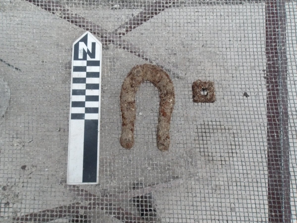 OfficialAlamo's tweet image. Alamo Church archaeology update!
The presence of mortar and plaster, mule shoes, nails/hardware, brick, and European earthenware ceramic in EU-31 indicates the deposit post-dates the mission period.
Several Valero Red Painted sherds in situ were found. bit.ly/44Mqk8E