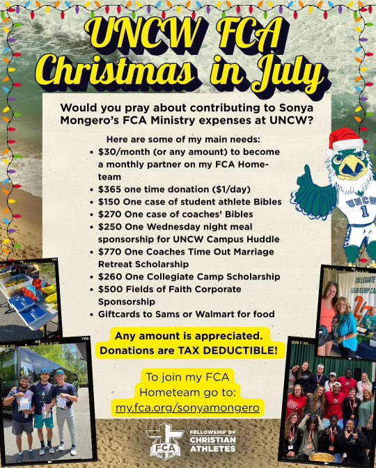 CoachTaberM's tweet image. Please consider donating to the FCA ministry at UNCW and helping to shape the life and spiritual walk of the students on the campus of UNCW. Anything would be appreciated!
Donate here: My.fca.org/sonyamongero