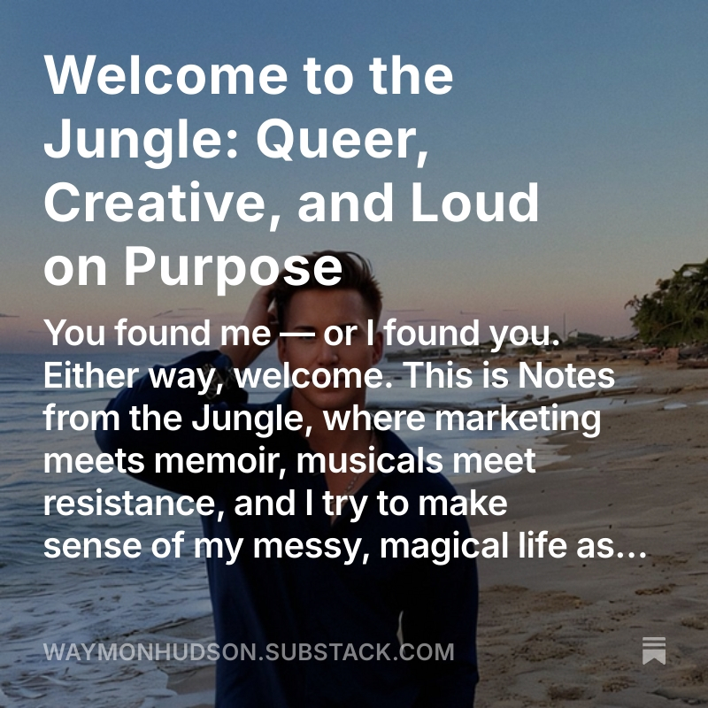 WaymonHudson's tweet photo. I'm back. Queer. Deaf. Loud. And writing again.
After time away, I’m reintroducing myself—with stories, sass, and some jungle chaos.

📍Memoirist. 🎭 Musical creator. 📣 Brand futurist.

https://t.co/g539JuD4ZX

#QueerWriters #Memoir #MusicalTheatre #Substack #DeafCreators https://t.co/EHCL3cqVCJ