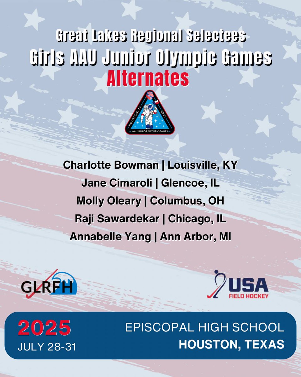 Up Next AAU Junior Olympic 🏑 Games — July 28-31! Congratulation to these regional athletes selected to compete in the Girls Division next week! @usafieldhockey #fieldhockey #growthegame #glrfh #juniorolympics2025