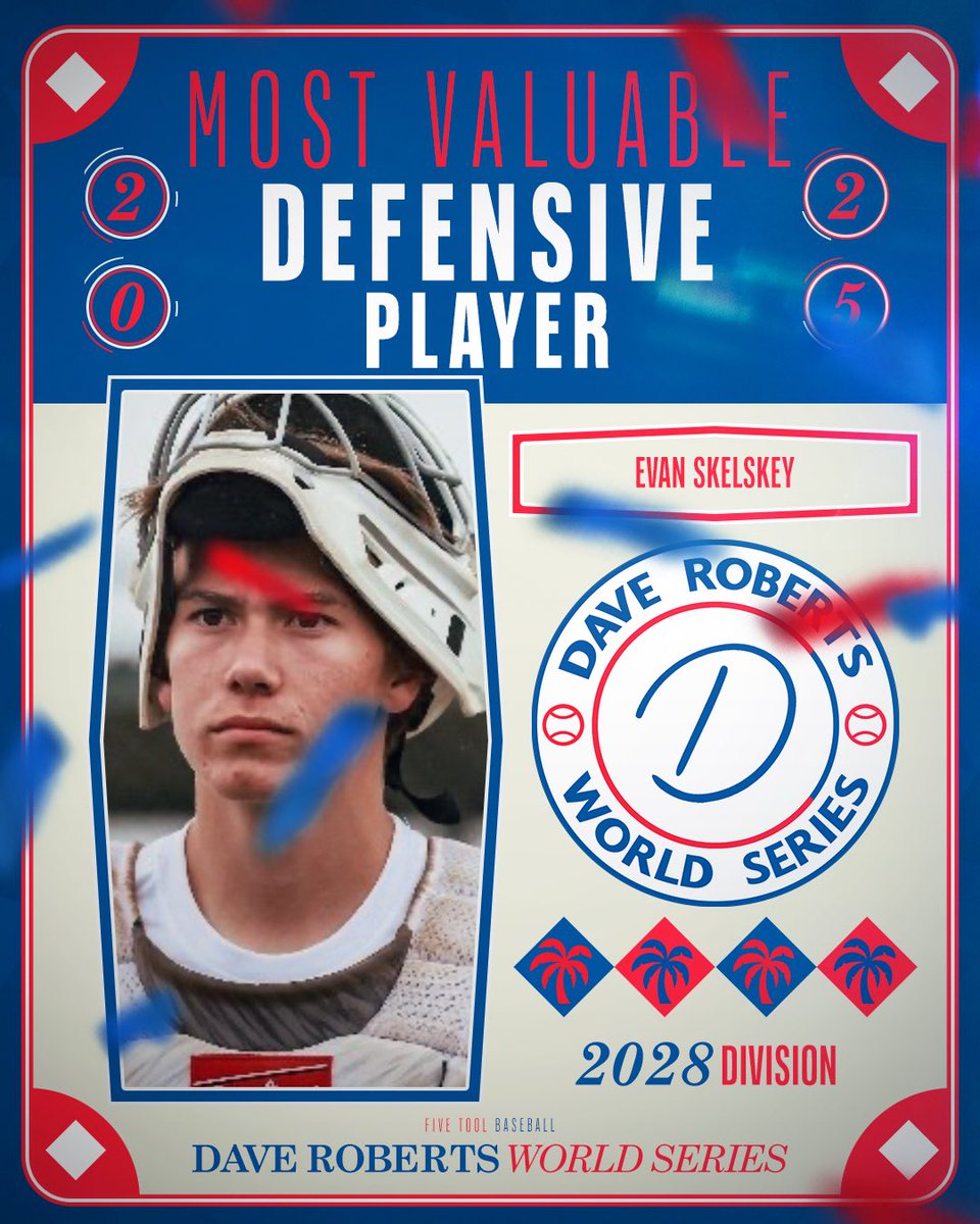 Congratulations to <a href="/ZTProspectsHS/">ZT Prospects High School</a> 2028’s Evan Skelskey (<a href="/evanskelskey/">Evan Skelskey</a>) on being named the Defensive MVP of the 2028 Division at the Dave Roberts World Series!

Corona (CA) 2028 #uncommitted

#DaveRobertsWS / <a href="/FiveToolCA/">Five Tool California</a> 

Profile: fivetool.org/players/b2302c…