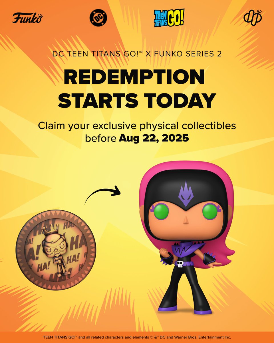 Dropppio's tweet image. It’s almost redemption time! The DC Teen Titans Go!™ x Funko Series 2 Redemption Snapshot will take place TODAY at 11 am PT! Redemption Tokens will be delivered shortly after!
⚠️Please note: You will be unable to transfer, list, or buy any items from the DC Teen Titans Go!™ x…