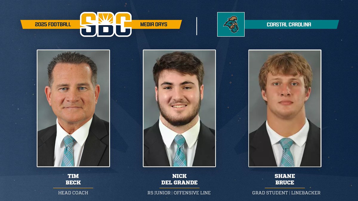 Sun Belt (@sunbelt) on Twitter photo 𝗢𝗡 𝗧𝗛𝗘 🎙️.
Representing <a href="/CoastalFootball/">Coastal Football</a> at <a href="/SunBeltFB/">Sun Belt Football</a> Media Days:
▪️Head Coach <a href="/Coachtimbeck/">Tim Beck</a>
▪️OL <a href="/nickdelgrande56/">Nick Del Grande</a>
▪️LB <a href="/Shane_Bruce1/">Shane</a>
📺 » sunbelt.me/44YpBQn 𝗢𝗡 𝗧𝗛𝗘 🎙️.
Representing <a href="/CoastalFootball/">Coastal Football</a> at <a href="/SunBeltFB/">Sun Belt Football</a> Media Days:
▪️Head Coach <a href="/Coachtimbeck/">Tim Beck</a>
▪️OL <a href="/nickdelgrande56/">Nick Del Grande</a>
▪️LB <a href="/Shane_Bruce1/">Shane</a>
📺 » sunbelt.me/44YpBQn