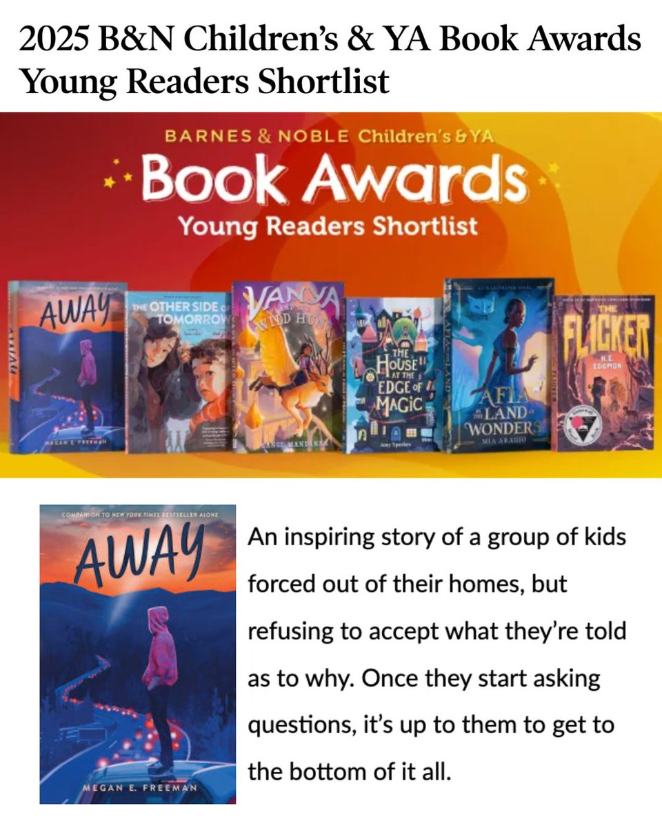 meganefreeman's tweet image. Huge thanks to the Barnes &amp;amp; Noble booksellers for including AWAY on the shortlist, and for all they do for readers and authors. 🙏❤️

@eastwestlit @ssedlib @simonkids @SCBWIRockyMtn @mgauthorcade @BNBuzz #AwaybyMeganEFreeman
