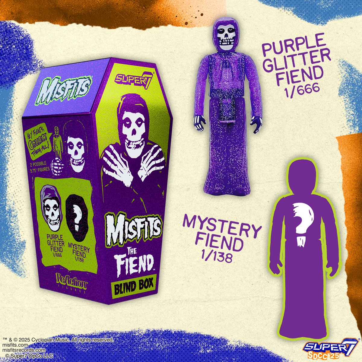 super7store's tweet image. Time for a coffin break! Get the newest SDCC-exclusive Misfits ReAction Figures Blind Box set. There’s a 1/666 chance you’ll get the Glitter Purple Fiend and a 1/138 chance you’ll find the Mystery Fiend. #Super7 #SDCC