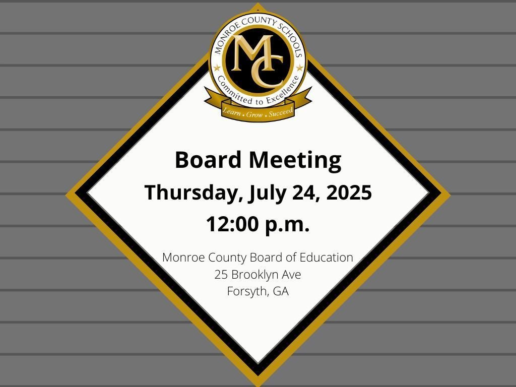 The Monroe County Board of Education will meet in called session on Thursday, July 24, 2025 at 12:00 p.m. in the boardroom at the Central Office.  The purpose of this meeting is personnel. #LearnGrowSucceed #CommittedToExcellence