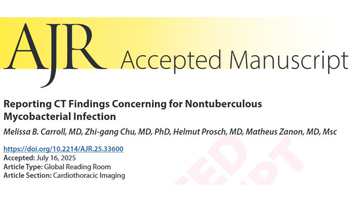 arosenkrantzmd's tweet image. New @AJR_Radiology Accepted Manuscript:
"Reporting CT Findings Concerning for Nontuberculous Mycobacterial Infection"
By Drs Carroll, Chu, Prosch, & @ZanonMD @KURadiology @CQU1929 @MedUni_Wien @Unisinos
ajronline.org/doi/10.2214/AJ…