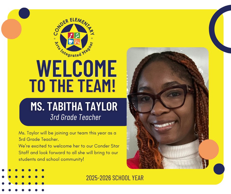ConderStars's tweet image. We’re thrilled to introduce Ms. Taylor as part of our Conder Star Staff!

Drop a ⭐️ in the comments to help us give her a warm Conder welcome!

@richlandtwo