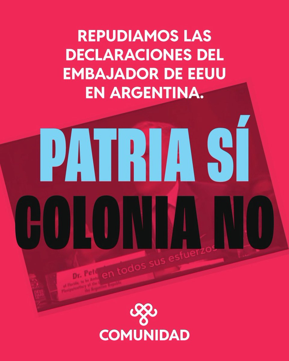 🔴 Las expresiones de Peter Lamelas evocan las épocas más oscuras de EEUU en la vida democrática de nuestra región. Incurre en una clara violación del derecho internacional y una falta de respeto a la dignidad nacional de la Argentina.

#PatriSiColoniaNo 🇦🇷❤️‍🔥
