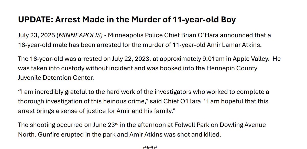 MarcTwinCities's tweet image. Minneapolis Police say a 16 year old has been arrested for the murder of 11 year old Amir Lamar Atkins last month