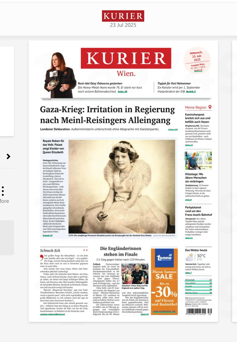 IanLloydRoyal's tweet image. News of the #RoyalCollection&apos;s forthcoming exhibition of clothes and accessories belonging to #QueenElizabethII (to mark the centenary of her birth) has made the front page of one Austrian newspaper.    @RCT     #RoyalFamily