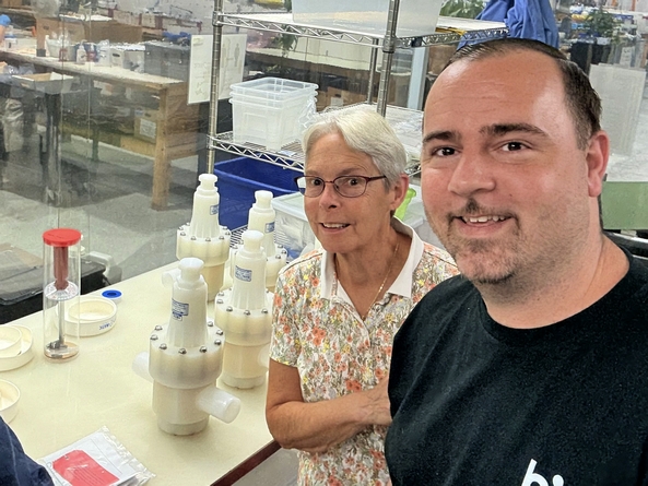 Here's Linda and Bill processing a final pre-rinse for a batch of Ultrapure Pressure Regulators, the last step before our multi-stage 18 megohm DI rinse, nitrogen purge, blacklight inspection, clean &amp; double bag procedure (CDB) -- special thanks to POM shutterbug Glenn Weissman