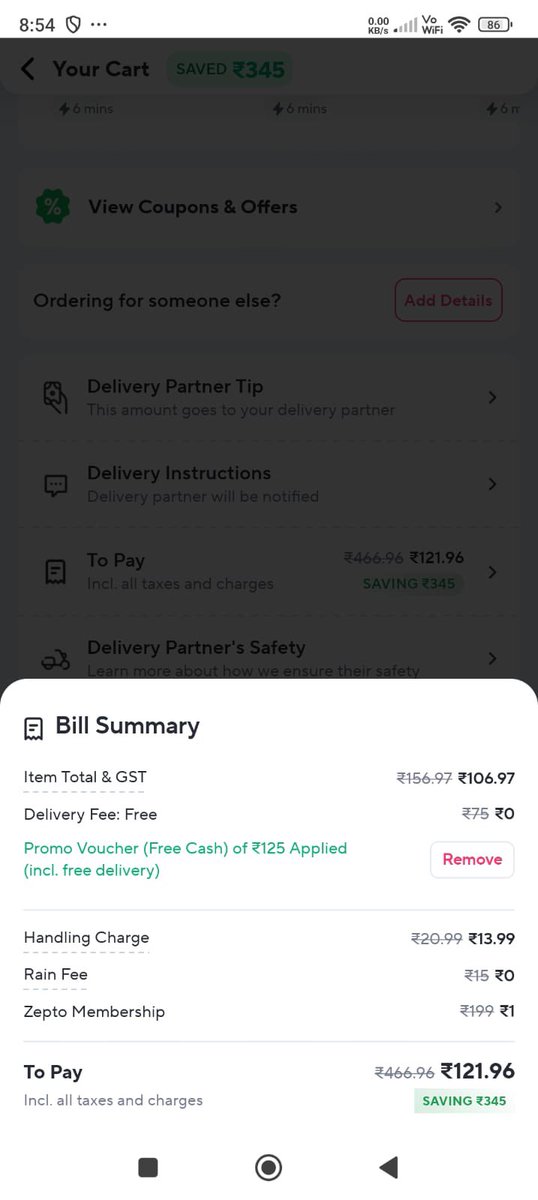 KingofFlakes's tweet photo. @zeptocares why different delivery charges from 2 different devices. 

121 - Paying through Android and Delivery charges- 75(which is waived off using 125 Zeptocash)

161- Paying through IOS and Delivery charges- 30 (which is waived for Zepto members) https://t.co/yeO3GyJdUg