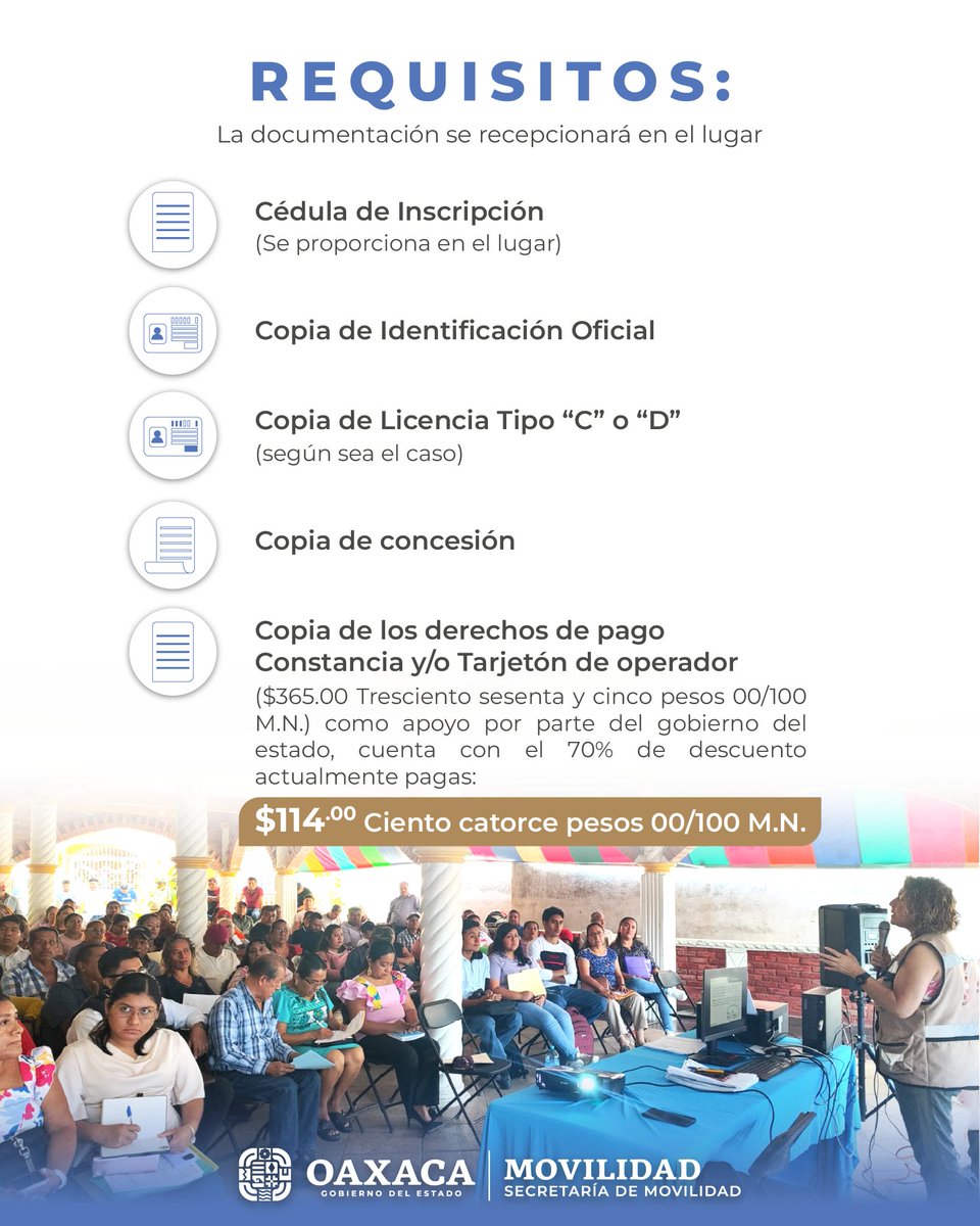 ¡Hoy es la cita en #Ejutla de Crespo!
Invitamos a concesionarias y operadoras del transporte público a la capacitación “Normatividad para una Movilidad Segura e Incluyente”.
📍 Palacio Municipal
🕙 10:00 h
¡Te esperamos!

#MovilidadQueTransforma