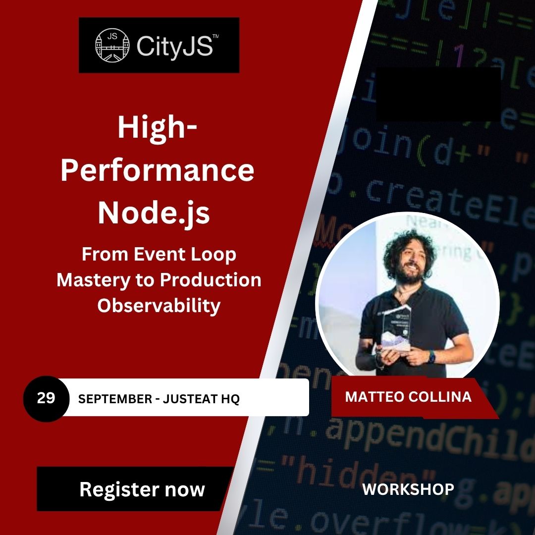 CityJS Conferences (@cityjsconf) on Twitter photo We got a special #workshop for those that use NodeJS in production in September 29, with <a href="/matteocollina/">Matteo Collina</a>
Early bird price is just 84 pounds for 4 hrs
Get your nodejs performance right now, don't leave it to late!
Get your ticket now
cityjsconf.org/workshops We got a special #workshop for those that use NodeJS in production in September 29, with <a href="/matteocollina/">Matteo Collina</a>
Early bird price is just 84 pounds for 4 hrs
Get your nodejs performance right now, don't leave it to late!
Get your ticket now
cityjsconf.org/workshops