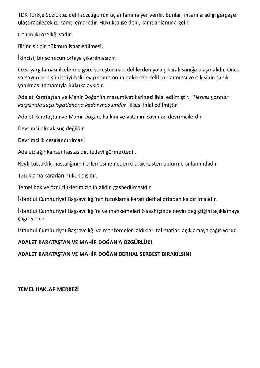 TemelHaklarM's tweet image. 6 SAATTE NE DEĞİŞTİ, AÇIKLAYIN!
İstanbul Cumhuriyet Başsavcılığı'nı ve mahkemeleri 6 saat içinde neyin değiştiğini açıklamaya çağırıyoruz!
Aldıkları talimatları tek tek açıklamaya çağırıyoruz!
KOMPLO İLE TUTUKLANAN KANSER HASTASI ADALET KARATAŞTAN VE MAHİR DOĞAN'A ÖZGÜRLÜK!