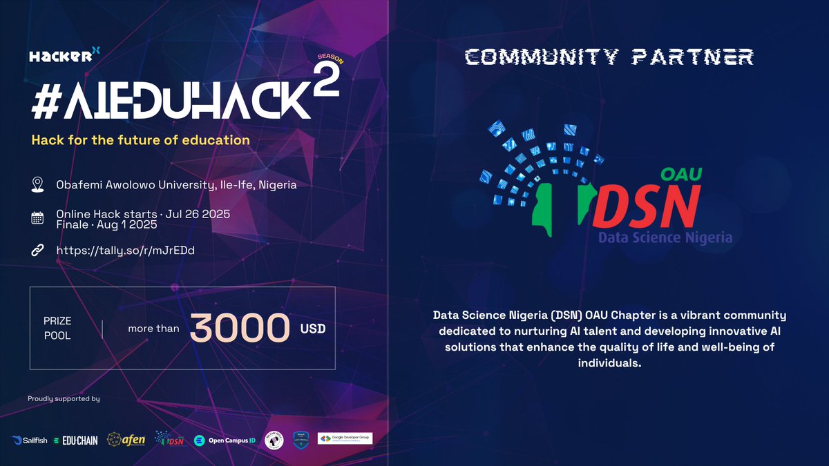 hackerxafrica's tweet image. HackerX 🤝 @dsn_ai_network (OAU Chapter)

Data Science Nigeria (OAU Chapter) is bringing AI energy to the hackathon.

They’re growing AI talent on campus, and we’re proud to build alongside them. @AIplus_OAU 

👉dorahacks.io/hackathon/ai-e…

#AIEduHack #AIinAfrica