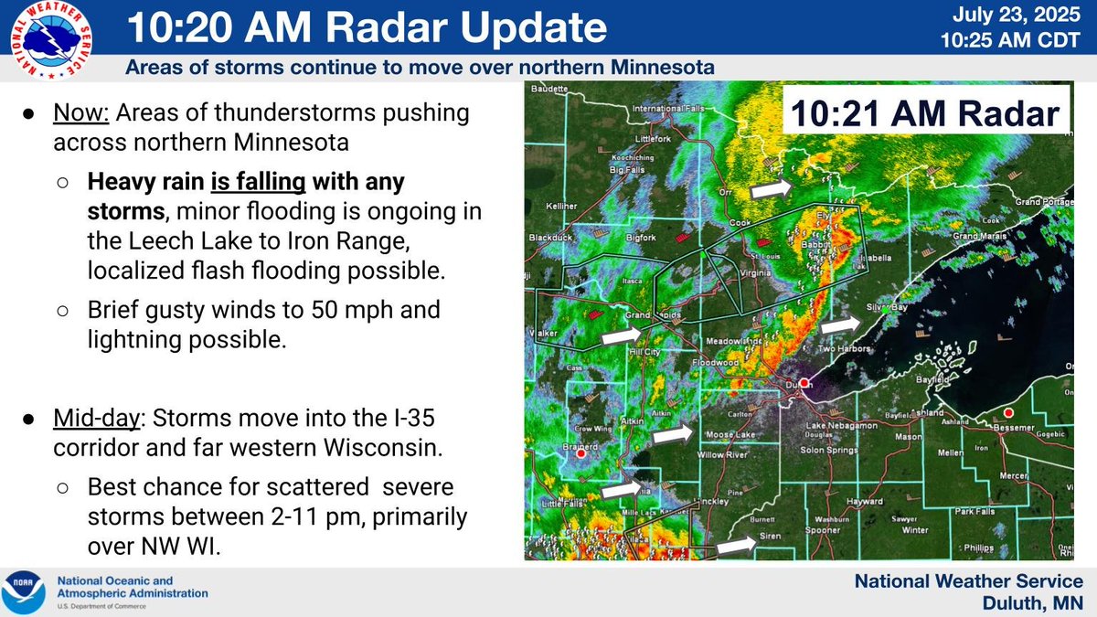 NWSduluth's tweet image. Flooding is ongoing across the Leech Lake to Iron Range region from multiple rounds of heavy rainfall. Thunderstorms will fill in across east-central Minnesota and far western Wisconsin over the next hour. #Mnwx #Wiwx