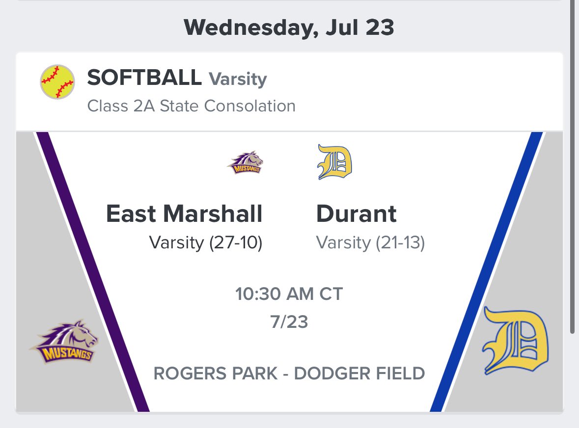 RossThedeTR's tweet image. Hey hey, let’s play softball. It’s East Marshall and Durant in the 2A state consolation round. It’s game time. #iahssb