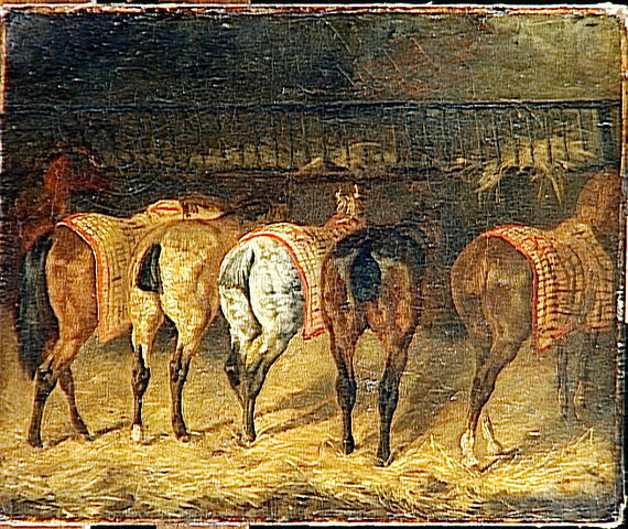 artistgericault's tweet image. Five horses seen from behind with croupes in a stable