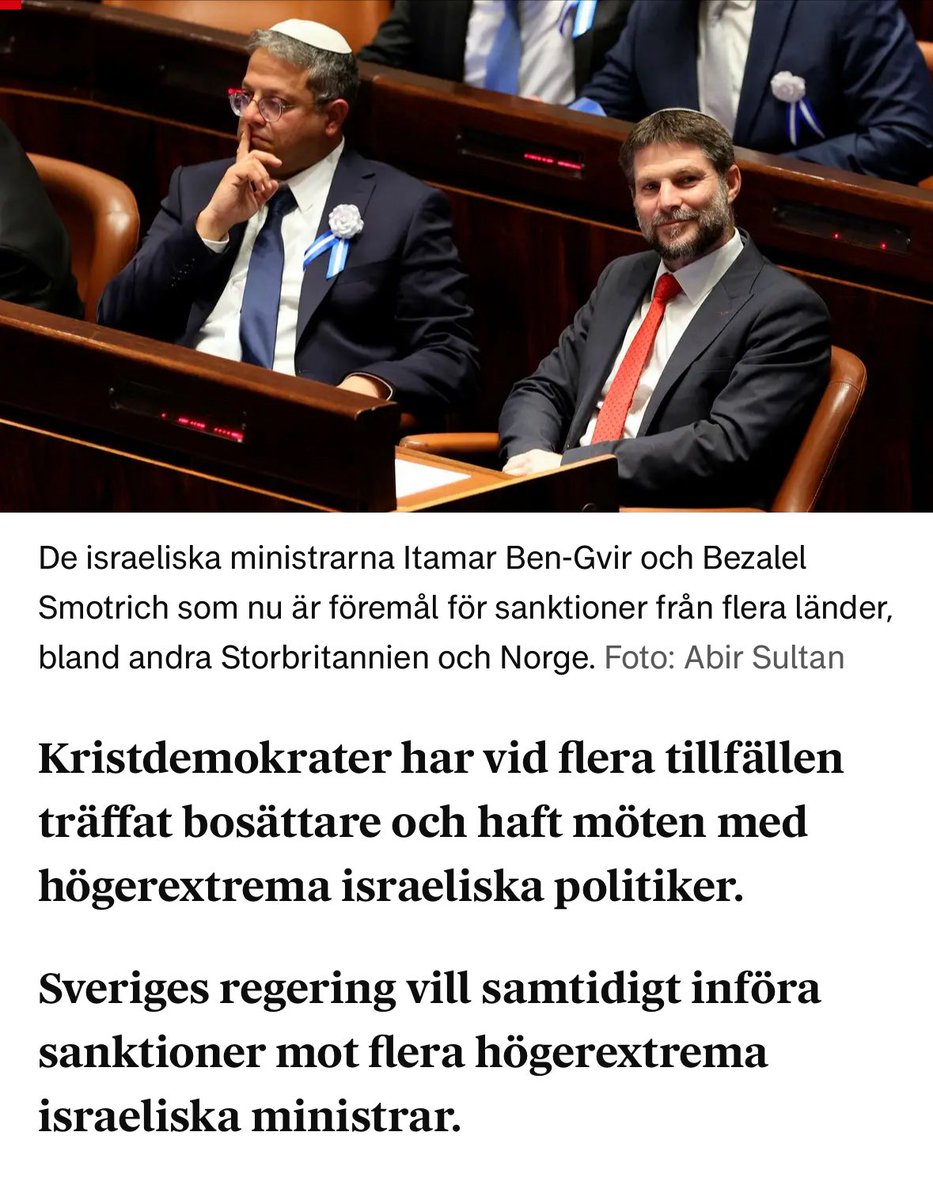 Det är svårt att undgå tanken på att den svenska regeringens flathet angående Israels mördande av civila, kvinnor och barn och folkrättsbrotten i Gaza påverkats av vice statsministerns och KDs kontakter med dessa högerextremister…👇🏼
dn.se/sverige/trots-…