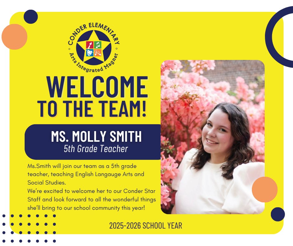 ConderStars's tweet image. We’re thrilled to introduce Ms. Smith as part of our Conder Star Staff!

Drop a ⭐️ in the comments to help us give her a warm Conder welcome!

@richlandtwo