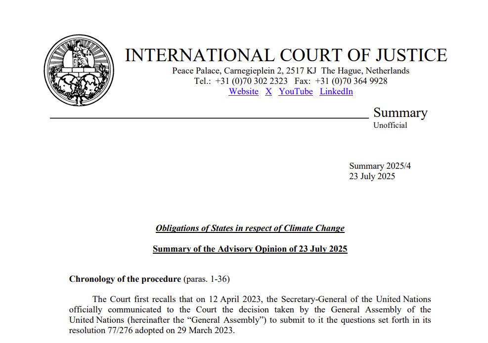 READ HERE: The summary of the #ICJ Advisory Opinion on the Obligations of States in respect of Climate Change. 

go.icj-cij.org/4kYgfKy